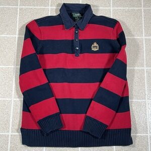 Vtg Women's Lauren Ralph Lauren Cable Knit Rugby Sweater Size M Red Blue Preppy
